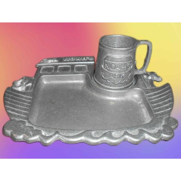 Vintage 1977 York Metal Noah's Ark Plate and Cup Set Pewter Child Dinnerware - Picture 1 of 13